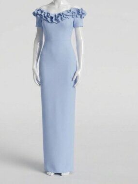 Catherine Regehr Women's Blue Magnolia Neckline Off Shoulder V Neck Gown Dress 4